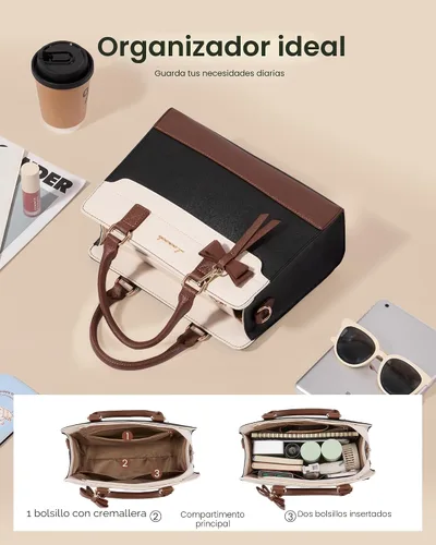 Miniatura 4 de LOVEVOOK Carteras para mujeres, Bolso tote de cuero y carteras, Bolso bandolera cruzado con asa superior con cremallera Negro/Blanco/Marrón