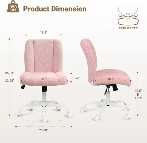 Miniatura 2 de Vanity Chair with Wheels, Armless Office Chair Height Adjustable, Cute Desk Chair with Soft Lumbar Support for Small Space, Bedroom, Make-up Room