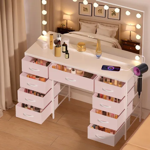 Miniatura 2 de COMHOMA Escritorio de tocador con espejo grande, 15 bombillas LED y toma de corriente, mesa de maquillaje con 9 cajones de almacenamiento y espejos