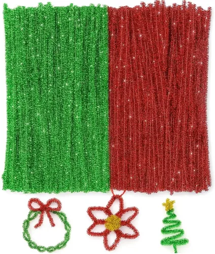 Limpiadores de tubería brillantes - 200 piezas Rojo y Verde Limpiadores de tubería de Navidad 0.23"X12" Chenillas brillantes con tallos metálicos