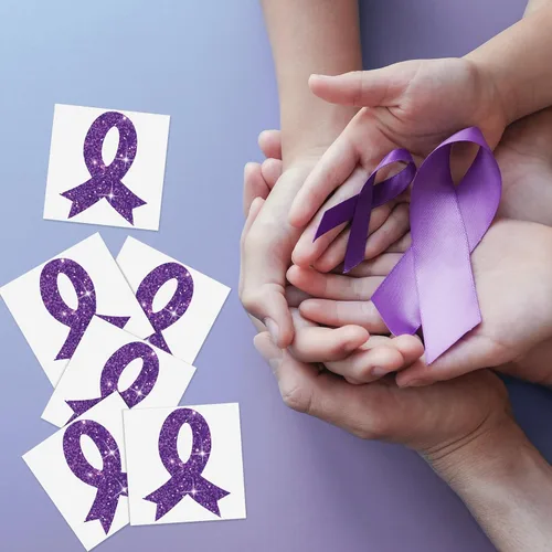 Miniatura 6 de 20 hojas de 240 piezas de cinta morada con brillantina, tatuajes de concienciación sobre violencia doméstica, tatuajes temporales, lupus