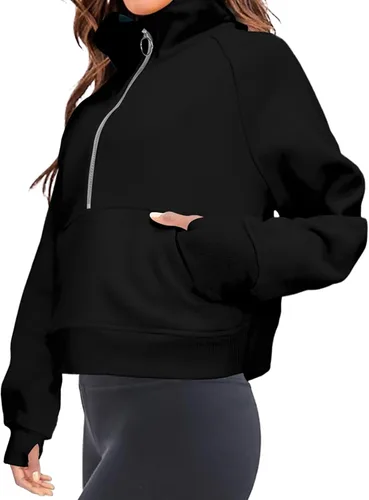Miniatura 4 de FKEEP Half Zip Hoodies for Women Zipper Up Cropped Hooded Long Sleeve Athletic Pullover Tops with Thumb Hole