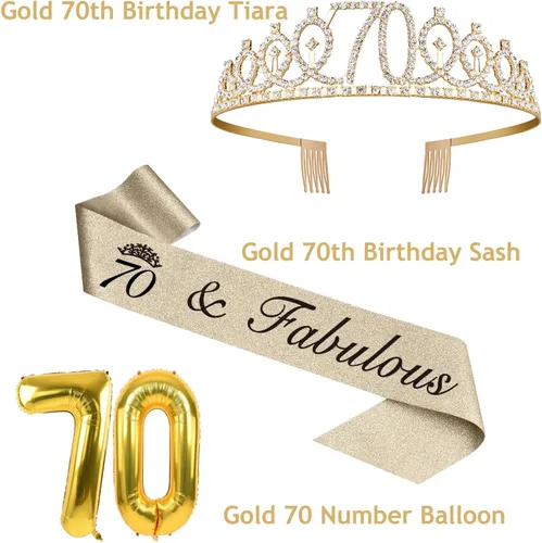 Miniatura 3 de Decoraciones doradas de 70 cumpleaños para mujer con banda y tiara de cumpleaños 70, adorno para pastel y velas, globos de números, regalos de 70