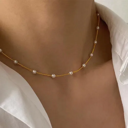 Miniatura 2 de Collar de perlas de oro para mujer, chapado en oro de 14 quilates, collares de perlas de agua dulce en capas para mujer, collar de perlas de cadena