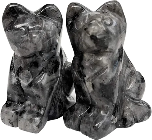2 piezas de cristales de labradorita negra natural y piedras curativas, figuras de gato de la suerte talladas en bolsillo, coleccionables de 1.5