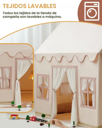 Miniatura 6 de Tienda de campaña grande para niños con luces de estrellas, banderas y bolsas de mano, tienda de campaña para niños en interiores y exteriores, Crema