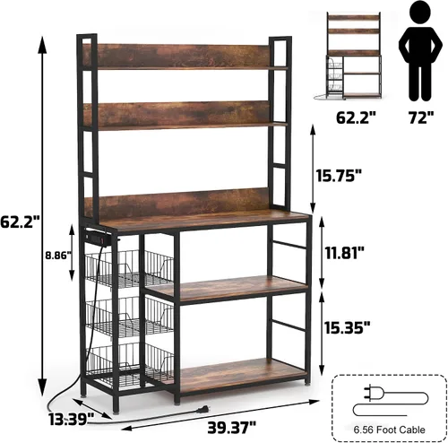 Miniatura 2 de Estante para panaderos con cestas y toma de corriente, estante de almacenamiento de cocina de 5 niveles con ganchos, estante de soporte para horno