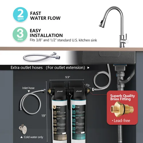 Miniatura 3 de Frizzlife Sistema de filtro de agua DW15 para debajo del fregadero, elementos certificados NSF/ANSI 53 y 42, reduce el 99.99% de plomo, cloro