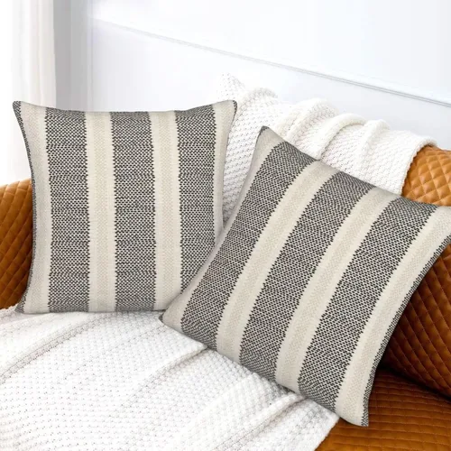 Miniatura 4 de Juego de 2 fundas de almohada con lunares negros de 16 x 16 pulgadas, fundas decorativas estilo bohemio con rayas para exteriores, fundas