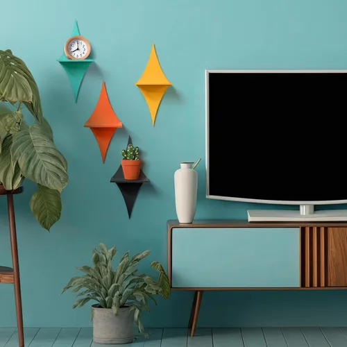 Miniatura 5 de Threehoney Mid-Century - Juego de 4 estantes flotantes coloridos de pared, estilo retro, Starburst, estantes montados en la pared, almacenamiento