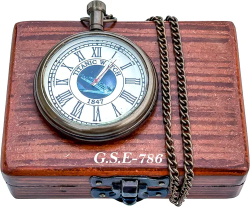 Miniatura 6 de Generic Hassanhandicrafts Reloj de bolsillo de latón antiguo antiguo con esfera de barco Titanic con caja de madera