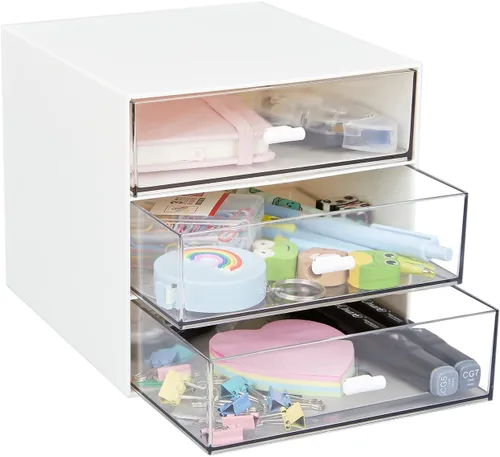 Miniatura 4 de Organizador de escritorio con 3 cajones, caja de almacenamiento de escritorio de plástico transparente, organización de escritorio para suministros