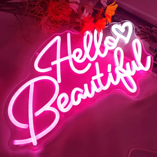 Miniatura 4 de SYLHOME Letrero de luz LED de neón con texto en inglés «Hello Beautiful» con diseño de corazón rosa Hello Gorgeous para dormitorio, boda, fiesta