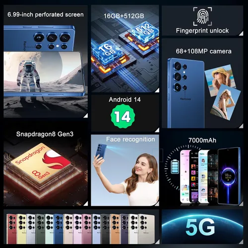 Miniatura 7 de MMY I25 Ultra 5G Unlocked Smartphone,16GB+512GB Fully Cell Phone for Android 14, 6.99" Unlocked Cell Phone, 7000mAh, 68MP+108MP Dual Camera/Dual