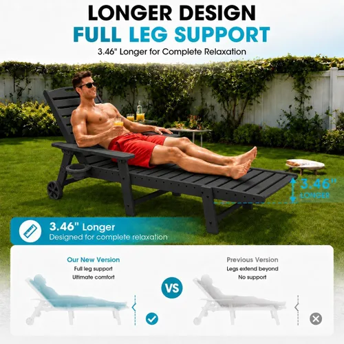 Miniatura 9 de Silla de Descanso para Exteriores, Silla de Descanso Chaise Lounge de Gran Tamaño con 5 Posiciones, HDPE, Silla de Descanso para Patio con Ruedas