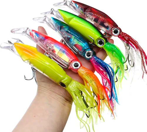 Señuelos de pesca de calamar con cola de pulpo - Cabeza de anzuelo con luz de plástico suave - Kit de cebo para pesca de trucha y lubina