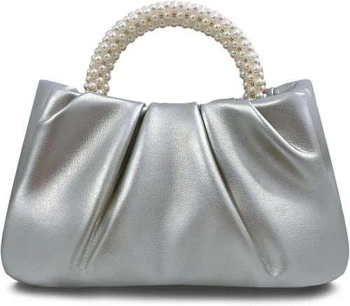 Miniatura 7 de Beatfull Bolso de noche para mujer, bolso de mano pequeño con perlas de cuero suave, bolso fruncido para boda, novia, fiesta, baile de graduación