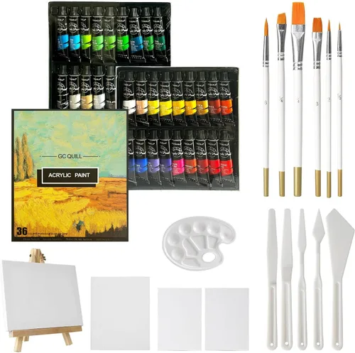Juego de 54 piezas de pintura acrílica artística, suministros de pintura con 36 tubos de 0.47 onzas líquidas, pinceles, cuchillos, lienzo,