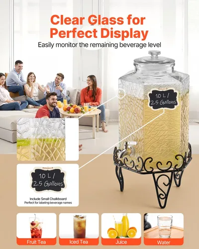 Miniatura 4 de VEVOR Dispensador de bebidas, dispensador de bebidas de 2.5 galones para fiestas, dispensador de jugo de vidrio con soporte de metal, grifo de acero