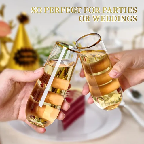 Miniatura 7 de FOCUSLINE Paquete de 24 copas de champán de plástico sin pie de 9 onzas con borde dorado, vasos de champán transparentes, irrompibles, desechables