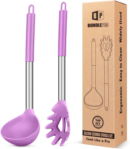 Miniatura 9 de Juego de tenedor y cucharón de silicona para pasta, utensilios de cocina grandes antiadherentes para cocinar, agitar, servir espaguetis, sopa, salsa