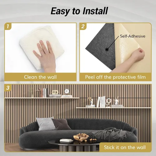 Miniatura 6 de TONOR 4 paneles de listones de madera, paneles acústicos adhesivos de 48 x 24 pulgadas para pared, paneles decorativos 3D estriados para absorción