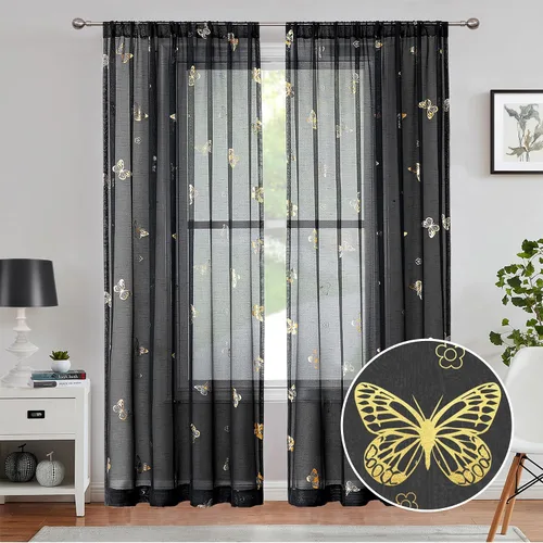Miniatura 24 de Jubilantex Paneles de cortinas transparentes de mariposas negras y doradas de 52 pulgadas de ancho para dormitorio de niñas, elegantes cortinas