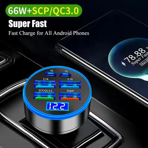Miniatura 13 de Adaptador De Carga Súper Rápida USB C Para Coche Y Teléfono 6 En 1 Con Pantalla De Voltaje 250W Carga USB De Encendedor De Cigarrillos De Múltiples