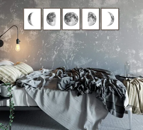 Miniatura 5 de Impresiones artísticas de fases lunares – Decoración de dormitorio – Arte de pared gris – 8 x 10 pulgadas (juego de 5) – sin marco