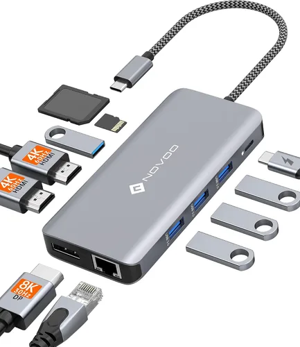 Estación de acoplamiento USB C, NOVOO Hub tipo C de triple pantalla con monitor dual HDMI 4K@60Hz DP adaptador multipuerto 4USB Ethernet SD/TF 100W