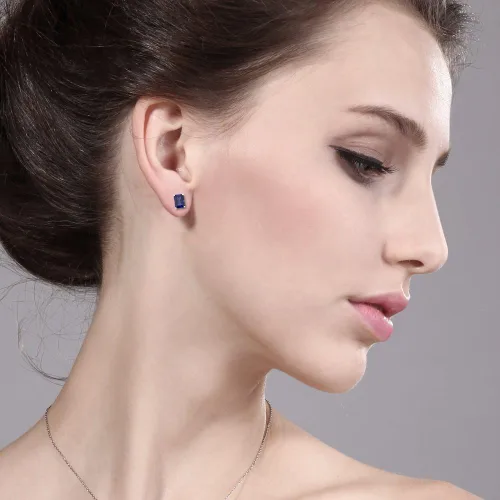 Miniatura 5 de Gem Stone King Aretes de tuerca de zafiro azul simulado de 2.00 quilates para mujeres y hombres, plata de ley 925, corte esmeralda de 0.276 x 0.197