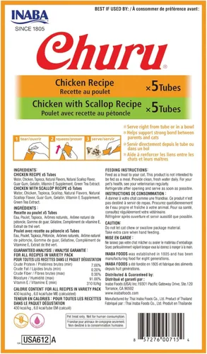 Miniatura 9 de Bocadillos Churu de INABA para gatos, puré cremoso para gatos, sin cereales, que se puede lamer y exprimir/suplemento con vitamina E y taurina, 10