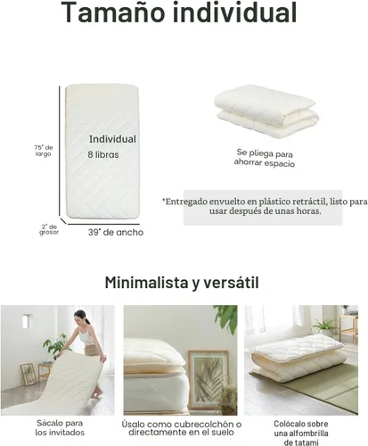 Miniatura 2 de FULI Futón japonés, cama de suelo japonesa, cama plegable de tatami, colchoneta enrollable, Shikibuton, fabricado en Japón (blanco, individual)