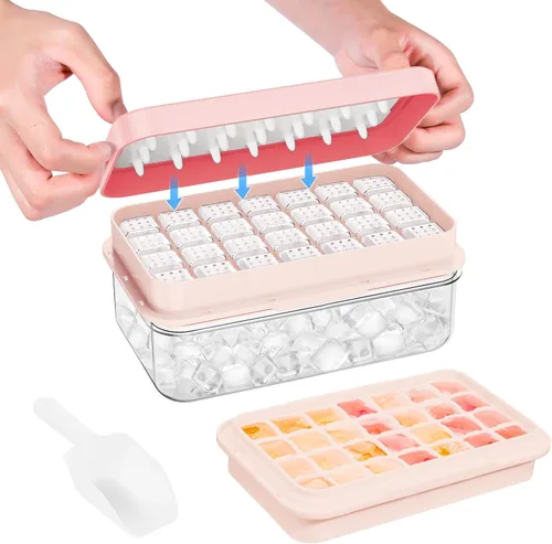 Miniatura 18 de Bandeja para cubitos de hielo con tapa y contenedor, 28 moldes para cubitos de hielo, bandejas de hielo para congelador, molde de bandeja