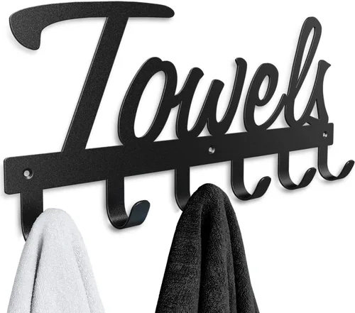 Livelab Toallero, toallero para baño montado en la pared, 6 ganchos de metal negro para ahorrar espacio en el baño, impermeable, a prueba de óxido,