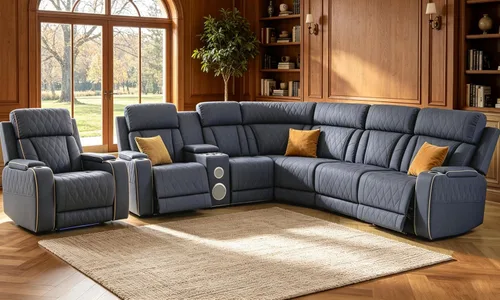 Miniatura 42 de Juego de sofá modular reclinable eléctrico con LED, juegos de muebles de sala de estar, sofá reclinable de cuero para sala de estar/cine en casa