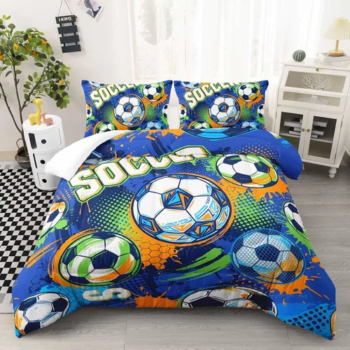 AILONEN Football Themed Children's Double Three piece Bedding Set, Boys' Sports Printed Duvet Cover, Blue Orange Sports Blanket, 2 Pillowcases