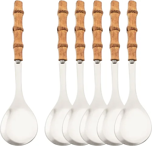 Miniatura 9 de Juego de 2 cucharas de servir de acero inoxidable de 10.0 pulgadas con mango de bambú natural, grandes utensilios plateados para servir, cucharón