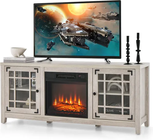 GOFLAME Soporte de TV con chimenea de 58 pulgadas para televisores de hasta 65 pulgadas, consola de TV de madera con chimenea eléctrica de 18 Natural
