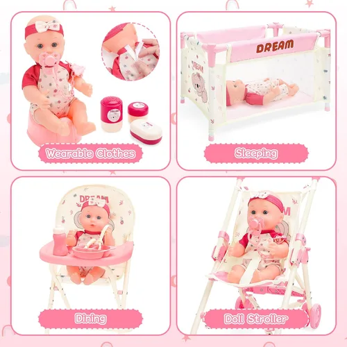Miniatura 4 de deAO Juguetes de Cochecito de Muñeca Bebé con Muñeca Bebé de 12" Accesorios Cama de Cuna Silla Alta Conjunto de Juego de Roles de Guardería Tapete