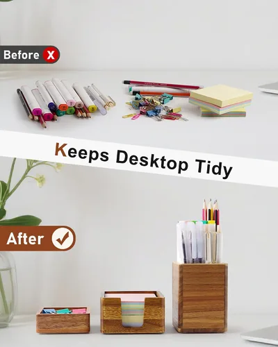 Miniatura 5 de Juego de organizador de escritorio de madera de acacia con soporte para notas adhesivas, vaso para lápices y bolígrafos y almacenamiento de clips