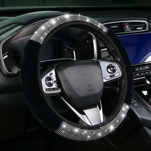 Miniatura 11 de Funda para volante con destellos para mujeres y niñas, cubierta de volante de diamantes de imitación de color negro con brillantes de piel