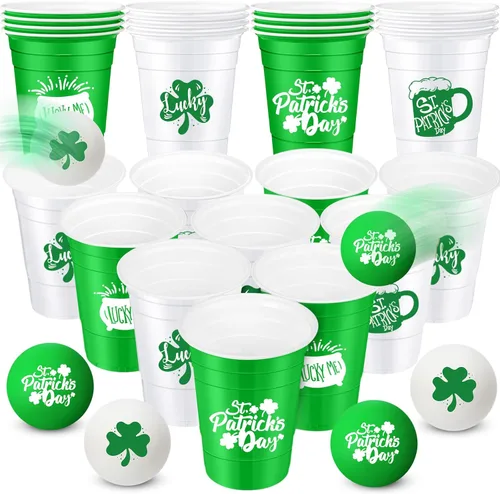 Seenelling 30 piezas de suministros de juego de fiesta del día de San Patricio incluyen 22 vasos de plástico blanco y verde de 16 onzas y 8 bolas de