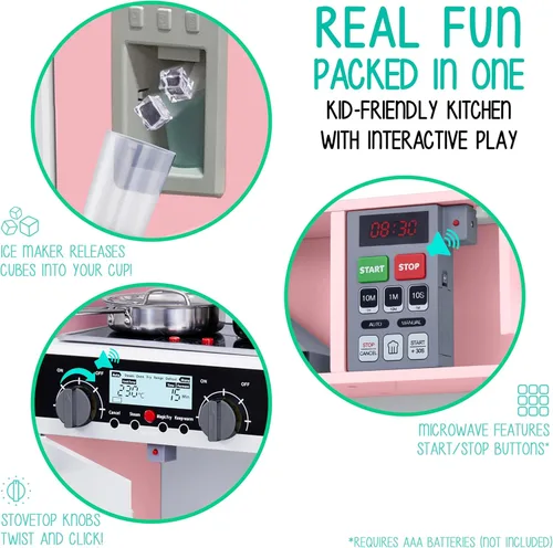 Miniatura 3 de Lil' Jumbl Juego de cocina rosa para niños, cocina de juego de madera de simulación, máquina de hielo a pilas, microondas, campana extractora