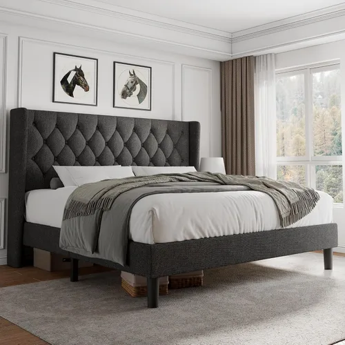Miniatura 13 de iPormis - Base de cama tapizada de tamaño completo con cabecera capitonada con botones, base de cama tapizada con listones de madera sólidos, 20 cm