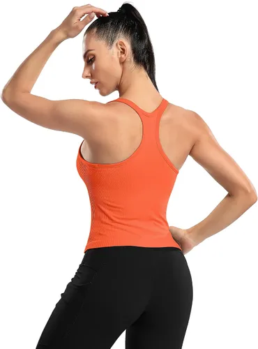 Miniatura 28 de ATTRACO Camiseta corta acanalada de entrenamiento para mujer con brasier integrado para yoga, espalda cruzada, ajuste ajustado