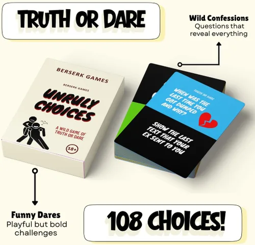 Miniatura 3 de Unruly Choices - Juego de cartas Truth or Dare 108 Se atreve & Preguntas Juego de despedida de soltera, Juego de fiesta antes del juego, Noche