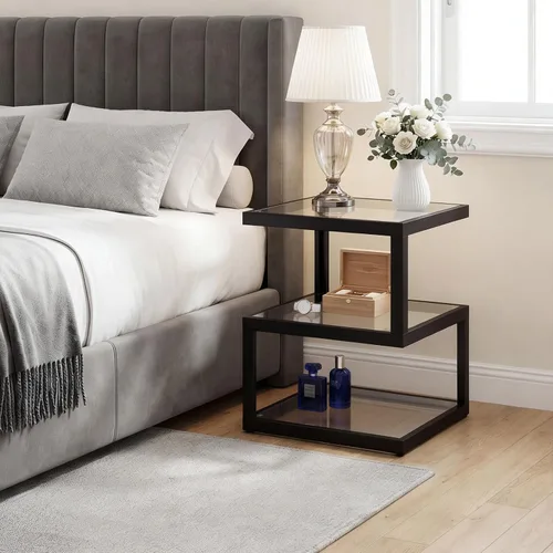 Miniatura 5 de Mesa auxiliar de vidrio Permory, mesa lateral de 3 niveles con tira de LED, mesa de diseño único en forma de S para sala de estar y dormitorio