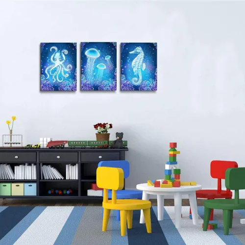 Miniatura 6 de Lienzo con temática de vida oceánica azul, pinturas artísticas de pared para sala de estar, obras de arte de pared, animales marinos, caballo