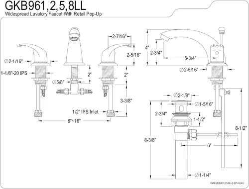 Miniatura 2 de Kingston Brass GKB962LL Legacy - Grifo de lavabo generalizado de 8 pulgadas con ventana emergente, 5-3/4 pulgadas en alcance de boquilla, latón